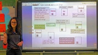 <p>Visualisierung: Anna Winkler integriert am Activboard ihre Mitschüler durch Zuordnung von Zitaten, die sie vorher auf einen Tonträger sprach, um alles noch lebendiger zu gestalten.</p>