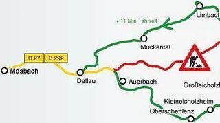 <p>Die B 27 ist zwischen Dallau und Heidersbach für vier Wochen in beide Richtungen voll gesperrt. Grund sind Sanierungsarbeiten im Auftrag des Regierungspräsidiums Karlsruhe. Der Straßenverkehr wird in dieser Zeit weiträumig umgeleitet.</p>