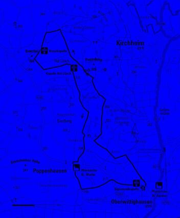 <p>Beispiel Kapellen-Rundwanderweg Nord: Die elf Kilometer lange Tour beginnt in Oberwittighausen und führt im Gegenuhrzeigersinn zur Kreuzkapelle, nach Hof Lilach, Poppenhausen und zurück zum Ausgangspunkt. (Die hier dargestellte Karte und das Höhenprofil wurden erstellt auf Grundlage von: Geoinformationen © Outdooractive, © GeoBasis-DE / BKG 2016.)</p>
