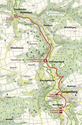<p>An den Hangkanten entlang durchs Jagsttal führt unsere Wandertour, die in Bächlingen bei Langenburg startet. (Die hier dargestellte Karte und das Höhenprofil wurden erstellt auf Grundlage von: Geoinformationen © Outdooractive, © GeoBasis-DE / BKG 2016.)</p>
