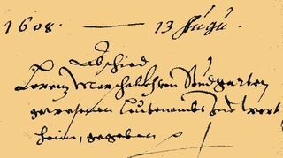 <p>So sah eine Kündigung im 17. Jahrhundert aus, die allerdings nicht per Post kam, sondern persönlich überreicht wurde. Dort steht: 1608 - 13. August, Abschied Lorenz Marschall von Stuttgart, gewesener Leutnant von Wertheim.</p>