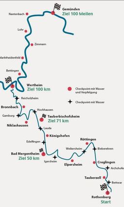 <p>Der Streckenverlauf des vierten "Taubertal 100", der für "ganz Harten" in diesem Jahr auch 100 Meilen statt "nur" 100 Kilometer bietet.</p>