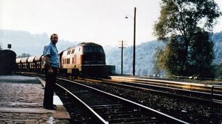 Einfahrt eines Güterzugs in den Bahnhof Bronnbach in den 1980er Jahren.