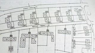 Neuerer Lageplan der Hettinger Siedlung mit teilweise schon baulichen Veränderungen. Das Haus Nr. 10 in der Adolf-Kolping-Straße ist das Eiermann-Magnani-Haus.