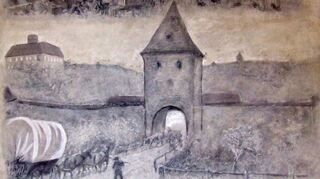 So könnte es einst an einem Stadttor der Külsheimer Stadtmauer ausgesehen haben. Die Zeichnung von Franz Scholz befindet sich an der Wand des früheren Bürgermeister- und und jetzigen Trauzimmers im Alten Rathaus.