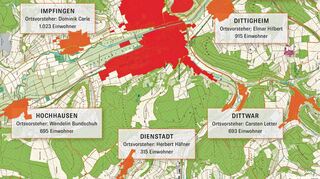 Blick auf das Stadtgebiet von Tauberbischofsheim mit seinen insgesamt rund 13 400 Einwohnern. Die Zahlen sind von 2018.