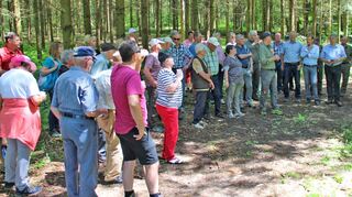 Bei einer Waldbegehung ließen sich die Waldbesitzer von Forstamtmann Dietmar Heid und Forstdirektor Martin Hochstein die Schäden im Wald erklären.