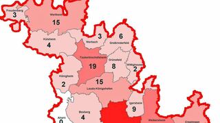 Karte mit der Zahl der bestätigten Coronavirus-Infektionen im Main-Tauber-Kreis, aufgeschlüsselt nach Städten und Gemeinden (Stand: 3. April, 16 Uhr).