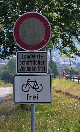 In die Jahre gekommen ist das Verbotsschild (links). Dies ist die häufigste Ursache für einen Austausch. Eigentlich sagt das Schild „verkehrsberuhigter Bereich“ (rechts) schon aus, dass Autos in dieser Zone nur Schritt fahren dürfen.