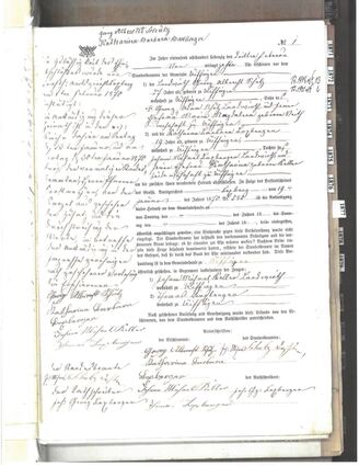 Kopie aus dem „Heirathbuch Uiffingen“, die zugleich den Wechsel von der kirchlichen zur bürgerlichen Eheschließung dokumentiert: Am 3. Februar 1870 heiraten „vor dem (bürgerlichen) Standesbeamten der Gemeinde Uiffingen“ der 27-jährige Landwirt Georg Albrecht Schulz und die 19-jährige Katharina Barbara Boxberger.