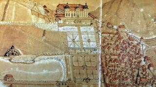 Idealplan von Schloss und Schlossgarten. Mitte links mögliche Gestaltungsentwürfe des „Tempele“, darunter ein Schalmei spielender Hirte. Ein bukolisches Idyll sollte entstehen.