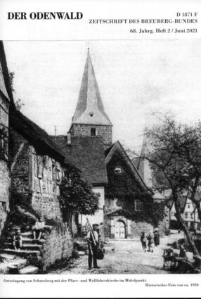 Der Ortseingang von Schneeberg mit der Pfarr- und Wallfahrtskirche auf einem historischen Bild von etwa 1920. Die Kirche ist Thema im „Der Odenwälder“.