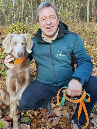 Förster mit Leidenschaft: Hans-Peter Scheifele und sein Hund Hägar vom Jakobshof sind ein eingespieltes Team. Der Weimaraner Vollgebrauchshund weicht seinem Herrchen nicht von der Seite, auch in seiner neuen Eigenschaft als Wildtierbeauftragter des Main-Tauber-Kreises.