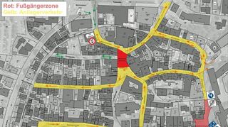 Die Grafik zeigt die endgültige Regelung, um die Bad Mergentheimer Altstadt vom Durchgangsverkehr zu entlasten und die Aufenthaltsqualität zu erhöhen. Rot markiert sind die nun etwas größeren Bereiche der Fußgängerzone, die gelb eingefärbten Straßen sind frei für den Anliegerverkehr. Überall dort gilt Schrittgeschwindigkeit oder Tempo 20.
