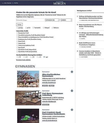 In der Datenbank können Sie Ihre Suche auf bestimmte Schularten, Städte und Kategorien eingrenzen (links).