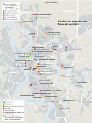 Standorte der weiterführenden Schulen in Mannheim.
