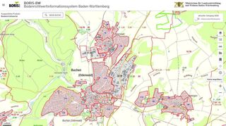 Der Ausschnitt aus dem Informationssystem des Landes zeigt die verschiedenen Zonen der Bodenrichtwerte rund um Buchen.