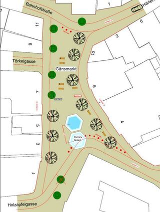 Blick von oben auf den künftigen Gänsmarkt: Der Brunnen wird um sieben Meter verlegt, die Fahrbahn nach Süden verschoben. Mindestens ein Baum muss gefällt werden, neue Bäume sind vorgesehen.