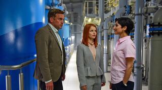 Dreharbeiten mit Sebastian Bezzel (links) in der Filterhalle des Wasserwerks Bronn bei Weikersheim.