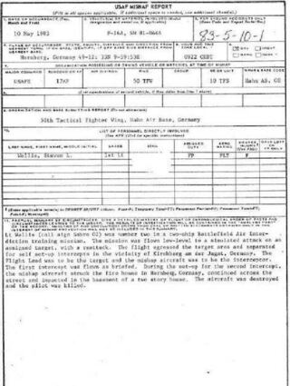 „The aircraft was destroyed and the pilot was killed“: Der „Mishap-Report“ (Unfallbericht) zum Absturz von Hornberg, angefertigt vom ermittelnden Offizier, Major Dennis E. Newhouse.