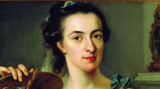 So hat sie sich selbst gesehen: Porträt, gemalt 1771 von Catharina Treu und ihrem Bruder Johann Nicolaus Treu, mit Palette und Früchtekorb, Öl auf Eichenholz (39 x 51cm), in den Beständen der Museen ihrer Geburtsstadt Bamberg.