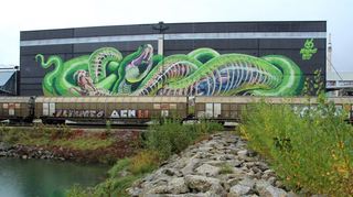 Sie schlängelt sich auf mehr als 900 Quadratmetern: eine giftgrüne Graffiti-Schlange im Linzer Stadthafen.