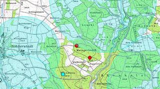 Im Gewann Metzgersbusch auf Gemarkung Schlierstadt sollen zwei Windkraftanlagen entstehen (rote Punkte). Ein dritter Standort könnte hinzukommen (türkiser Punkt). Ein genauer Platz steht für die Anlagen allerdings noch nicht fest.