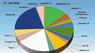 Belegung der Flüchtlingsunterkünfte im Main-Tauber-Kreis zum Stichtag 31. Juli 2022 nach Nationalitäten. Menschen aus der Ukraine sind heute die stärkste Gruppe.