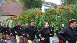 Links: Der Umzug fand trotz Regen statt – und auch die Schäfertanzgruppe Aub ließ sich davon nicht abhalten. Rechts: Die historische Postkutsche war auch wieder dabei.