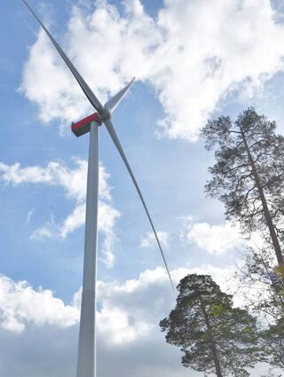 Die Teilnehmer der Exkursion vor einem der Windräder. Der rote Querbalken am Mast markiert 50 Meter Höhe.