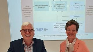 Barbara Krusebauch, Fachberaterin Schulverwaltung am Regierungspräsidium Karlsruhe, und Konrad Trabold, Schulleiter der ZGB, bei der Vertragsunterzeichnung an der ZGB.