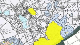 Die insgesamt rund 170 Hektar Zugewinnflächen für den baden-württembergischen Staatswald auf den Gemarkungen Messelhausen und Oberbalbach sind auf dem Lageplan gelb markiert.