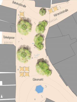 Blick auf den neuen Gänsmarkt. Unten der Kiliansbrunnen, an seinem bisherigen Platz und oben die Begrünung samt Aufenthaltsflächen und -plätzen.