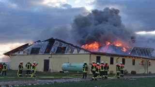Außerhalb von Waldmannshofen brannte am Sonntagnachmittag ein großer Tierstall ab. Zahlreiche Feuerwehren der Umgebung rückten an.