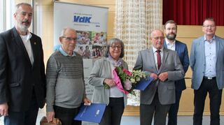 Ehrungen mit von links: Bürgermeister Jens Wittmann, Hubert Kusche, Hedwig Dollinger, Kreisvorsitzender Wolfram Reichert, Bezirksverbandsgeschäftsführer Ronny Hübsch, stellvertretender Kreisvorsitzender Jürgen Lenz.