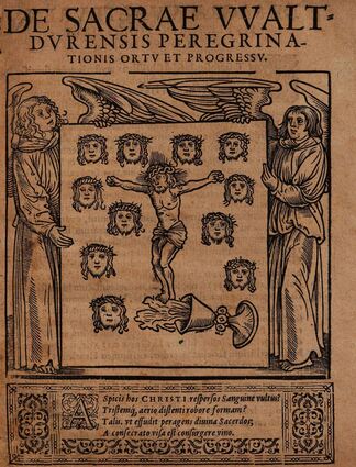 Titelblatt des Hoffius-Berichtes, heute in der Bayerischen Staatsbibliothek München beheimatet. 1589 wurde erstmals ein zusammenhängender Bericht über das Walldürner Blutwunder verfasst.
