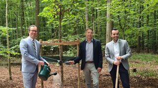 Stolz auf den neuen Friedwald, pflanzten Erster Landesbamter Florian Busch, Matthias Laufer, Geschäftsführer der Friedwald GmbH und Bürgermeister Johannes Leibold (von links) eine Kastanie als Eröffnungsbaum.