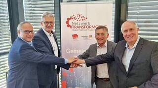 „Spiritus Rectoren“ des Netzwerks Transformative sind (von links) Dr. Andreas Schumm (Geschäftsführer Wirtschaftsregion Heilbronn-Franken), Steffen Hertwig (OB von Neckarsulm), Dr. Rudolf Luz (IG Metall) und Dr. Patrick Dufour (Geschäftsführer Wirtschaftsförderung Raum Heilbronn).