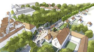 Blick auf das Stadtkloster und den davorliegenden „Willkommensplatz“ am Eingang der Kapuzinerstraße.