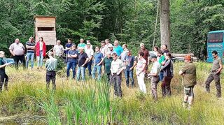 Forstbetriebsleiter René Maxeiner (links) informierte den Stadtrat über Besonderheiten und Herausforderungen, die den Stadtwald in Walldürn betreffen. Das Bild entstand an den Biotopen in Glashofen.
