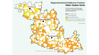 Diese Karte zeigt die sogenannten Suchräume im Main-Tauber-Kreis, in denen nach derzeitigem Stand des Regionalverbands Windkraftanlagen eventuell möglich wären. Im weiteren Verlauf des Planungsprozesses wird diese sogenannte Kulisse allerdings noch erheblich schrumpfen