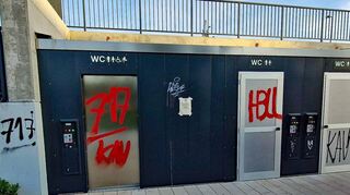 Auf den Türen der neuen Toilettenanlage im Bereich des P+R-Parkplatzes auf der gegenüberliegenden Seite des Laudaer Bahnhofs haben Unbekannte ihre Spuren hinterlassen.