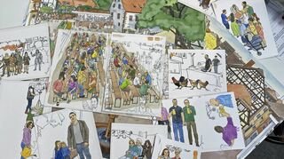 Die detaillierten Bilder für die acht Doppelseiten des Wimmelbuchs malte Manovic alle per Hand. Buchener Bürger konnten Fotos von sich einsenden und wurden dann mit etwas Losglück auf einer der Seiten verewigt.