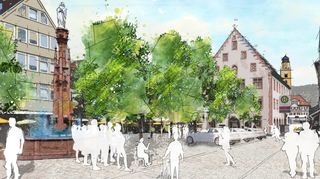 Links: Der Hans-Heinrich-Ehrler-Platz soll ebenfalls umgestaltet und mehr begrünt werden. Rechts: Blick in den Landschaftspark der künftigen Landesgartenschau – so könnte es aussehen.