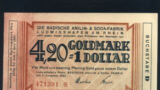 Das Foto zeigt einen Schein des sogenannten Anilin-Dollars – der Spitzname für das von der BASF selbst gedruckte Notgeld.