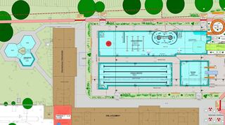 Blick auf den aktuellen Plan für das Frankenbad nach der Sanierung. Eine Badelandschaft mit Rutschen, separatem Sprungbereich einem auf 33,33 Meter verkürzten Schwimmerbecken (Stand 16. November). Nicht alle hier eingezeichneten Zusatzelemente im Nichtschwimmerbereich werden übernommen.