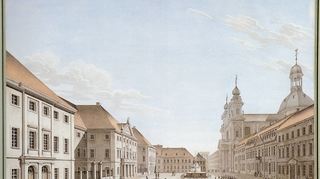 Hier ist er aufgewachsen: ganz rechts das Palais Dalberg auf dem Stich von Jacobo Pozzi von Nationaltheater (links) und Jesuitenkirche von 1834.