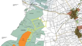 Angrenzend an den PV-Park soll eine Fläche für bis zu acht Windenergieanlagen ausgewiesen werden (gelber Rahmen). Das Verfahren zur Änderung des Flächennutzungsplans ist eingeleitet.