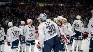Die Alder Mannheim nach dem  Spiel gegen die Schwenninger Wild Wings (blau).