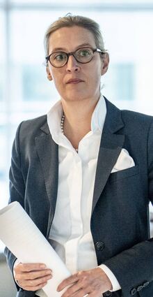 12.12.2023, Berlin: Alice Weidel, Fraktionsvorsitzende der AfD, und Tino Chrupalla, AfD-Bundesvorsitzender und Fraktionsvorsitzender der AfD, kommen zu einem Pressestatement vor der Fraktionssitzung im Bundestag. Foto: Michael Kappeler/dpa +++ dpa-Bildfunk +++